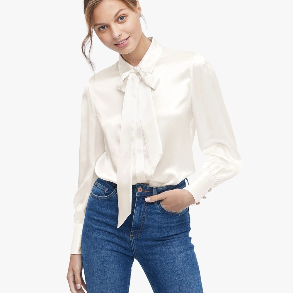 NWOT LILYSILK MIM 2 in 1 Silk Button Up Blouse with Bow Detail
